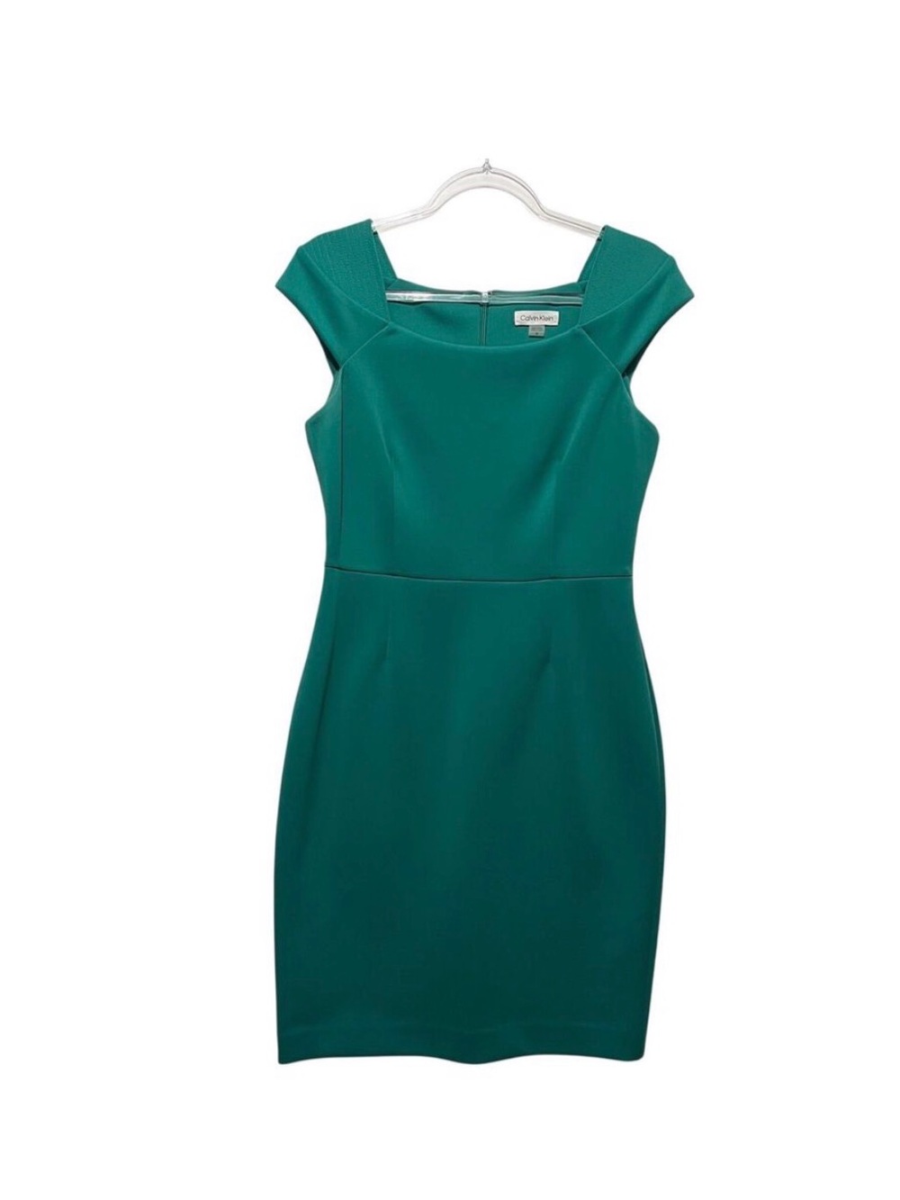 Calvin Klein Teal Green Sheath Dress Size 10 Scuba Knit Square Neck Cap Sleeve